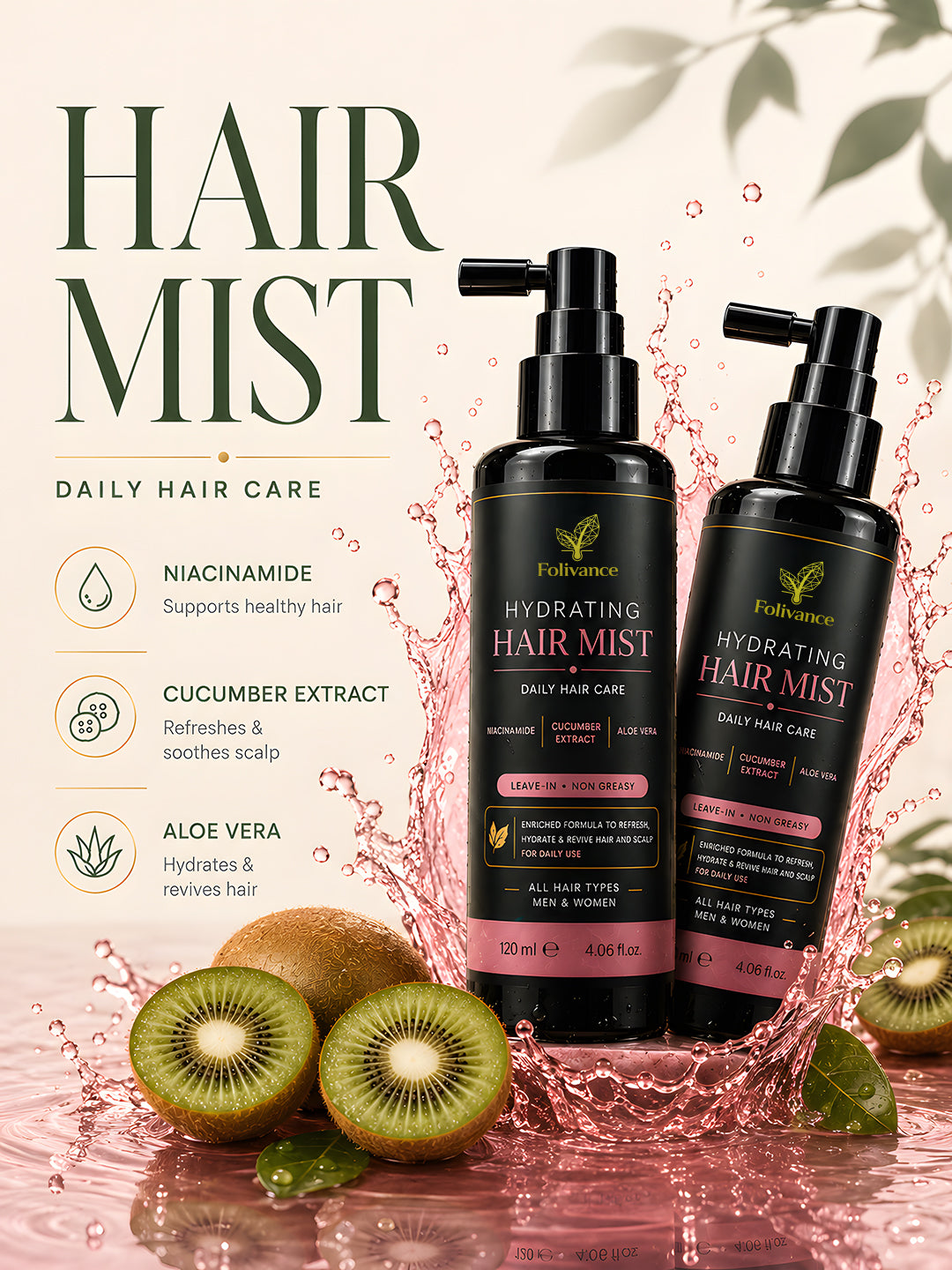 Folivance Hydrating Hair Mist 120ml – Niacinamide, Cucumber, Aloe Vera