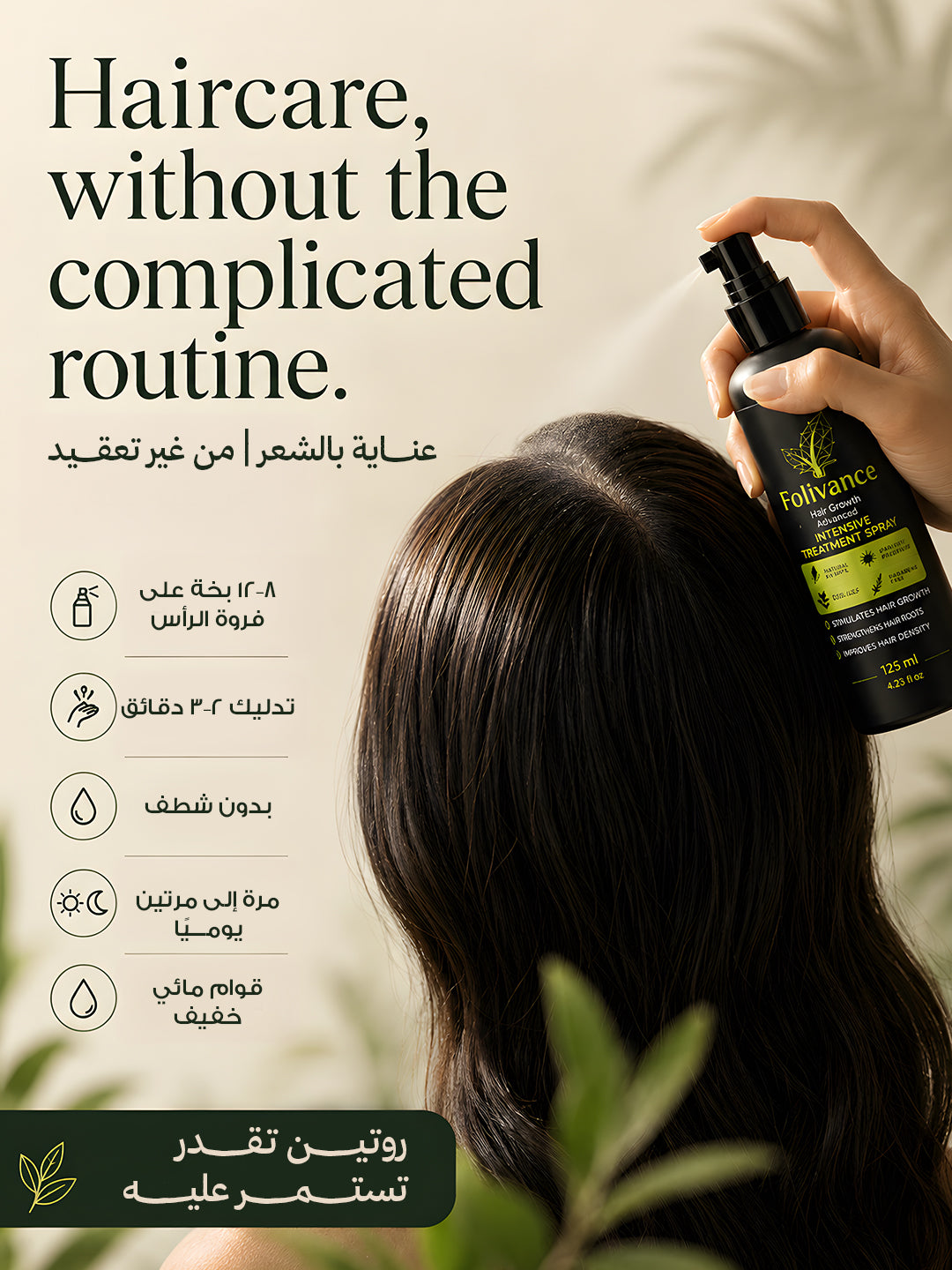 طريقة استخدام Folivance: 8–12 بخة وتدليك بدون شطف
