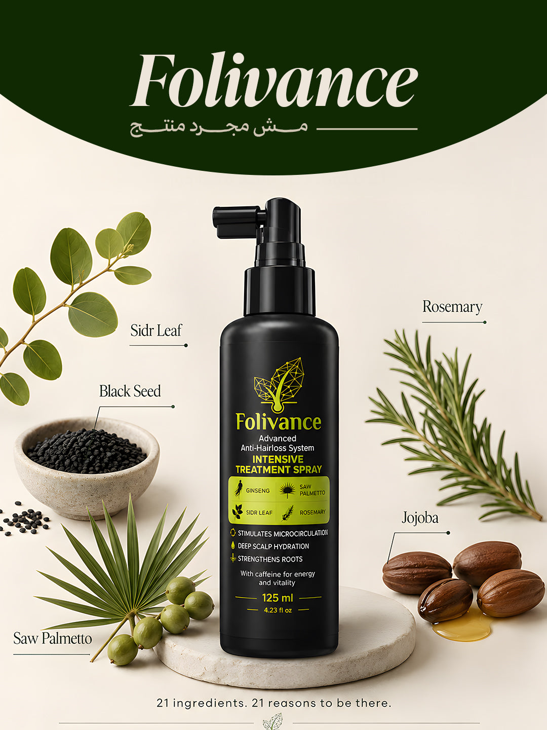 مكونات Folivance: سدر، إكليل الجبل، حبة البركة، جوجوبا، سو بالميتو